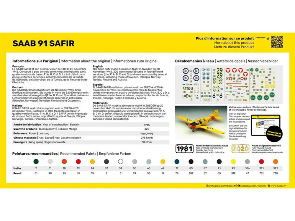Heller 56287 Swedish Saab 91 Safir Starter Kit 1:72 Model Kit