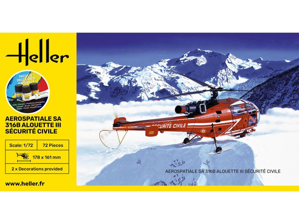 Heller 56289 Aerospatiale SA 316B Aloutte III Sec.Cv  Starter Kit 1:72)