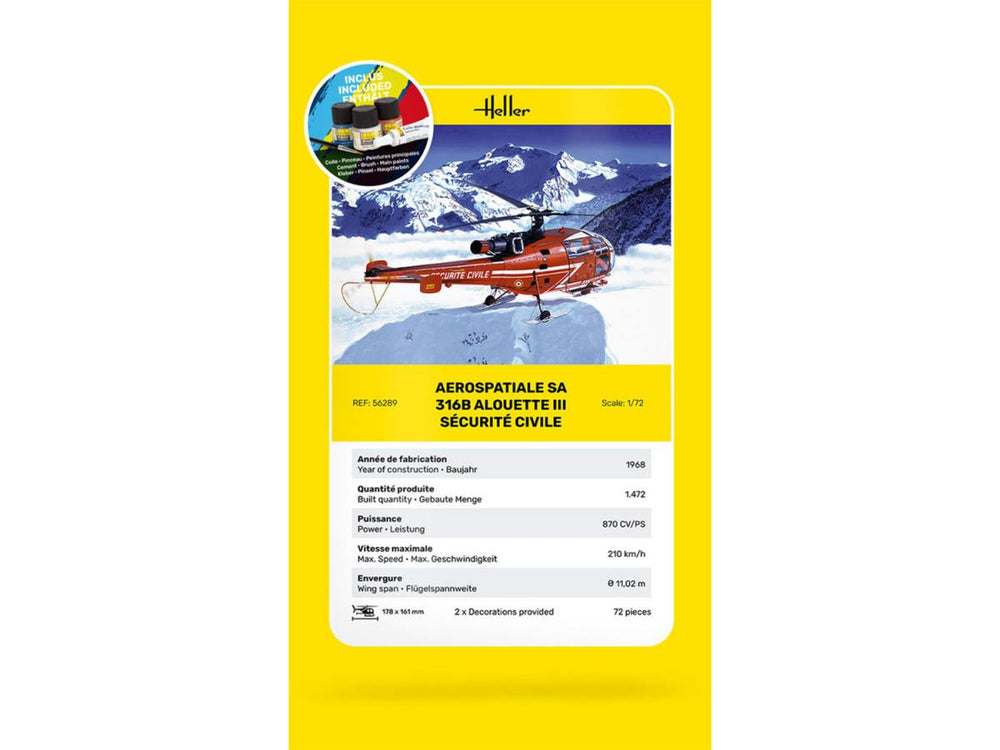 Heller 56289 Aerospatiale SA 316B Aloutte III Sec.Cv  Starter Kit 1:72)