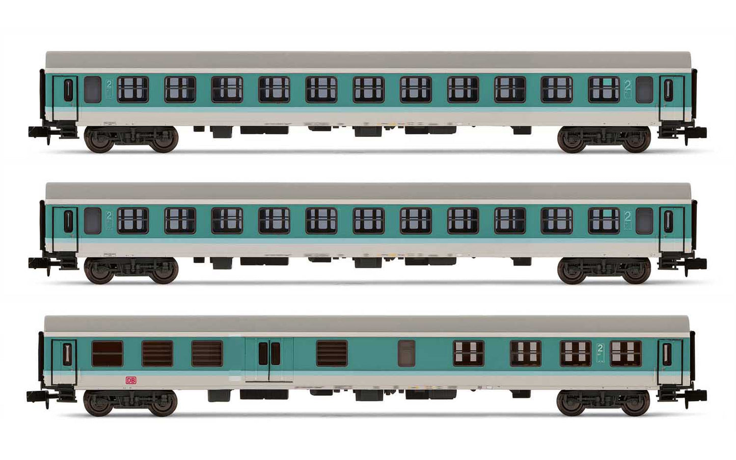 Arnold HN4367 DB AG, 3-unit pack regional coaches (2), 1 x ABDomsb, 2 x Bom, period V, mintgreen/white N Gauge