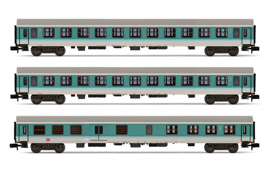 Arnold HN4367 DB AG, 3-unit pack regional coaches (2), 1 x ABDomsb, 2 x Bom, period V, mintgreen/white N Gauge