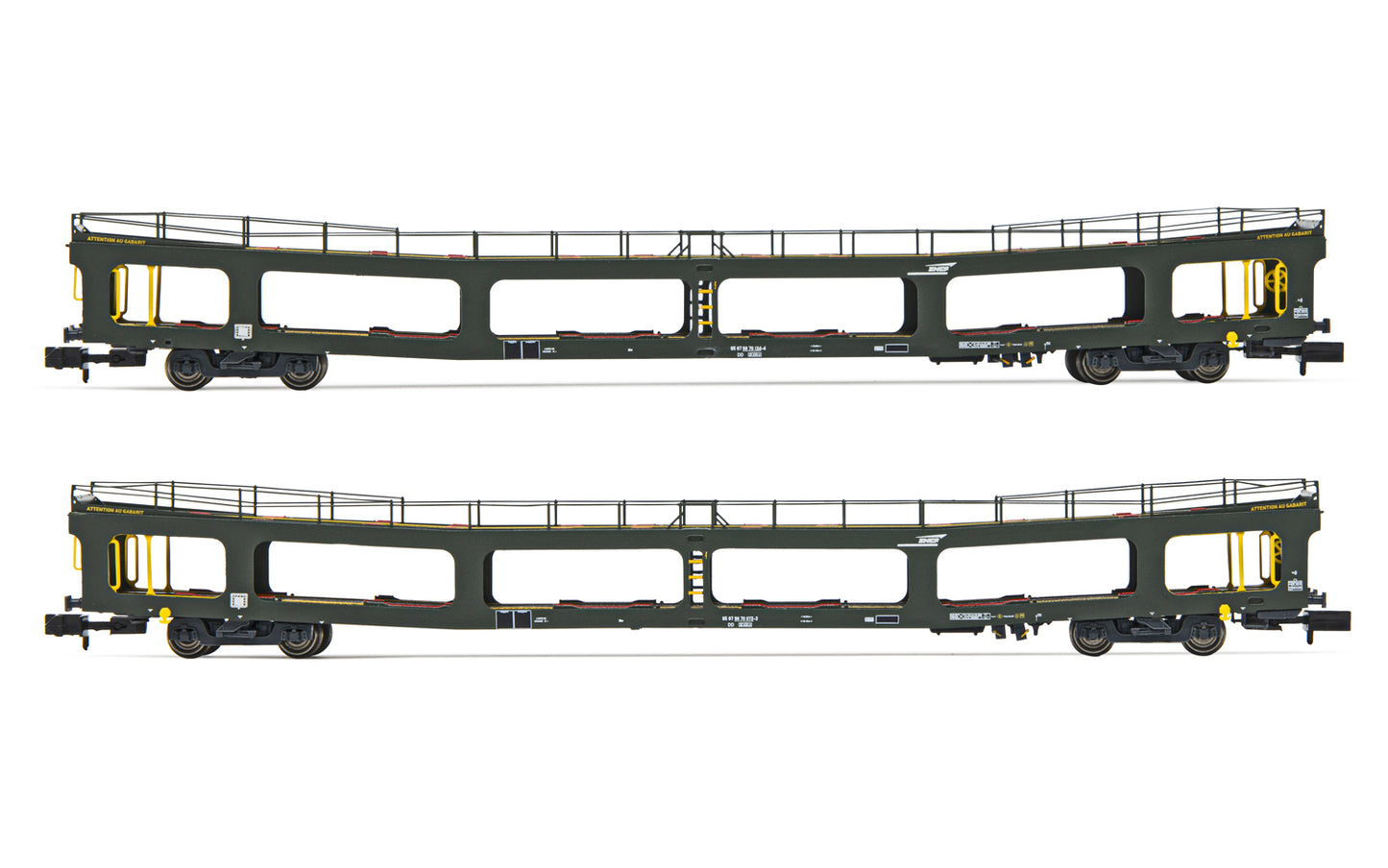 Arnold HN4411 SNCF, 2-unit set DD DEV 66 autotransporter, green livery with white 'Encadre' logo, period IV N Gauge