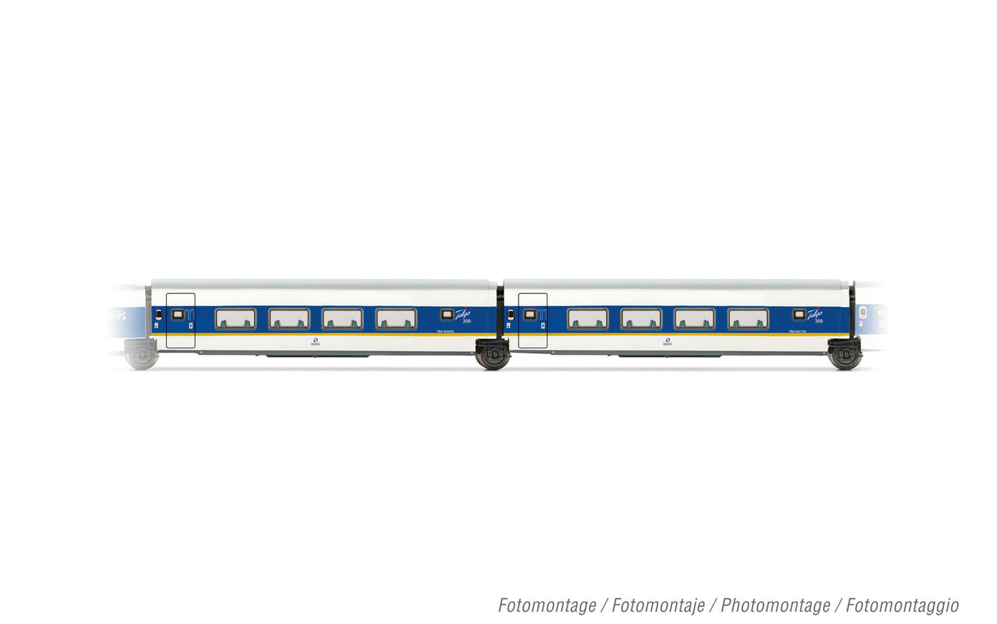 Arnold HN4463 RENFE, 2-unit pack Talgo 200, 2 x 2nd class coach, white and blue with yellow stripe, ep. V N Gauge