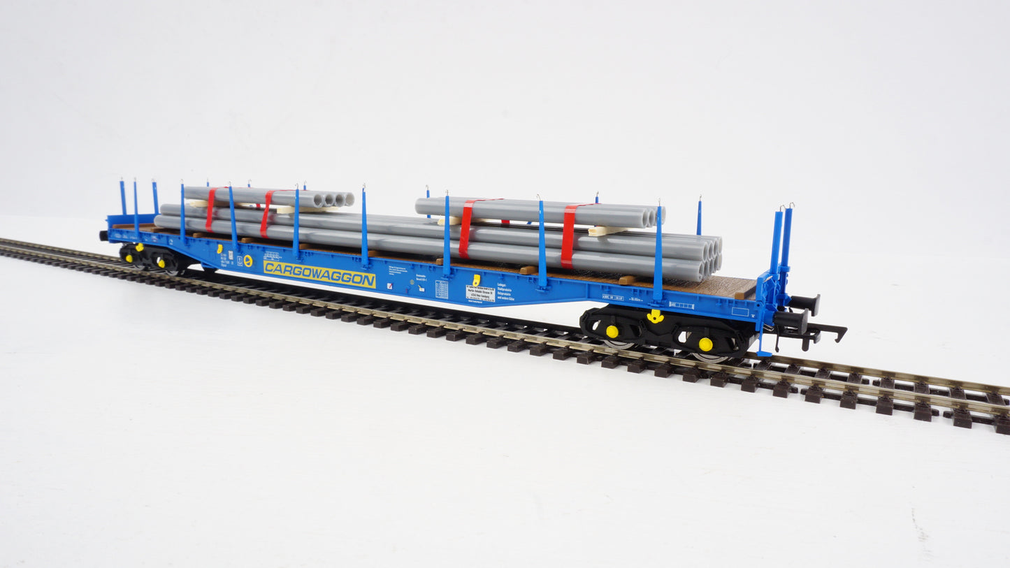 Heljan Cargowaggon IGA Bogie Flat Blue w/Pipe Load OO Gauge Wagon HN5112