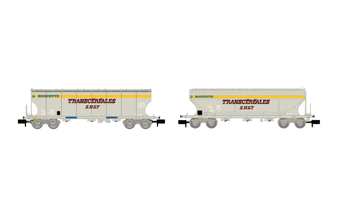 Arnold HN6620 SNCF, 2-unit pack 4-axle cereal hopper wagons "Transcereales S.H.G.T. Roquette" (rounded and flat lateral sides), grey/yellow livery, ep. IV N Gauge