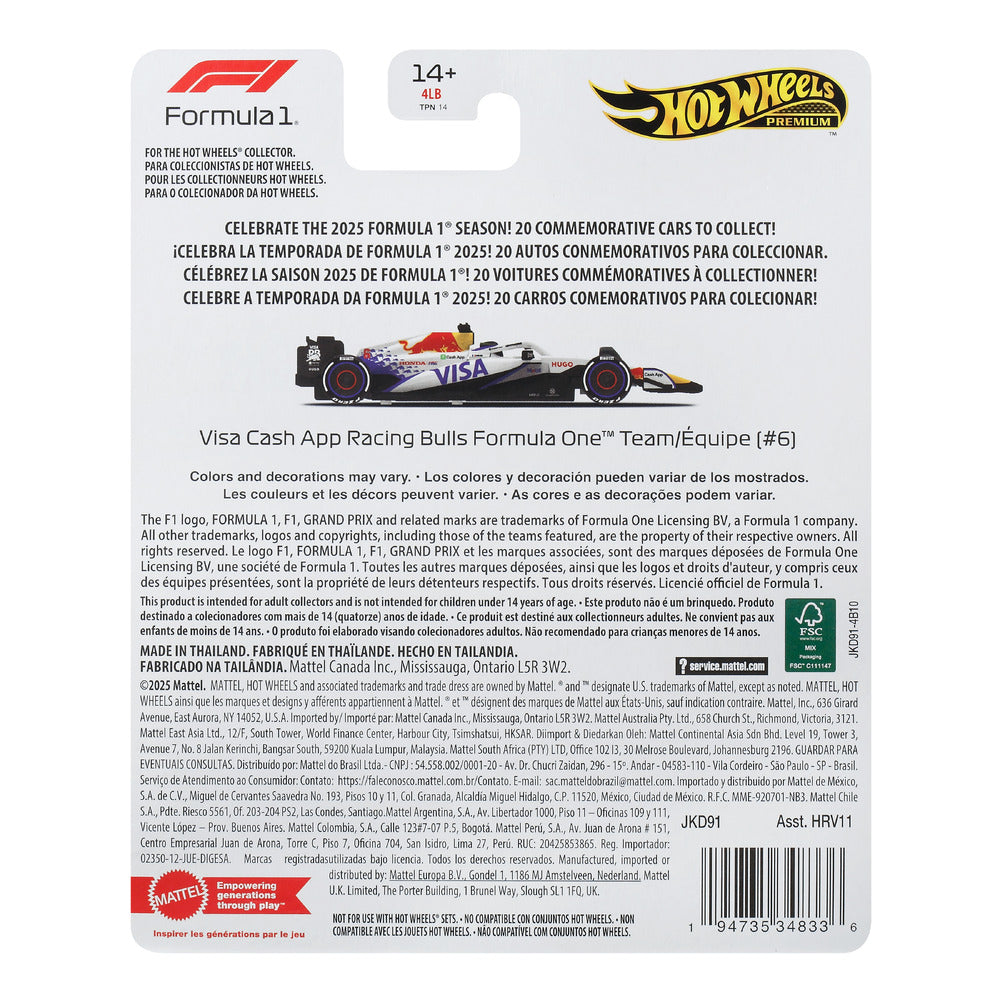 Hot Wheels Premium F1 Visa Cash App RB Formula One Team #6 Age 14+ Mattel JKD91
