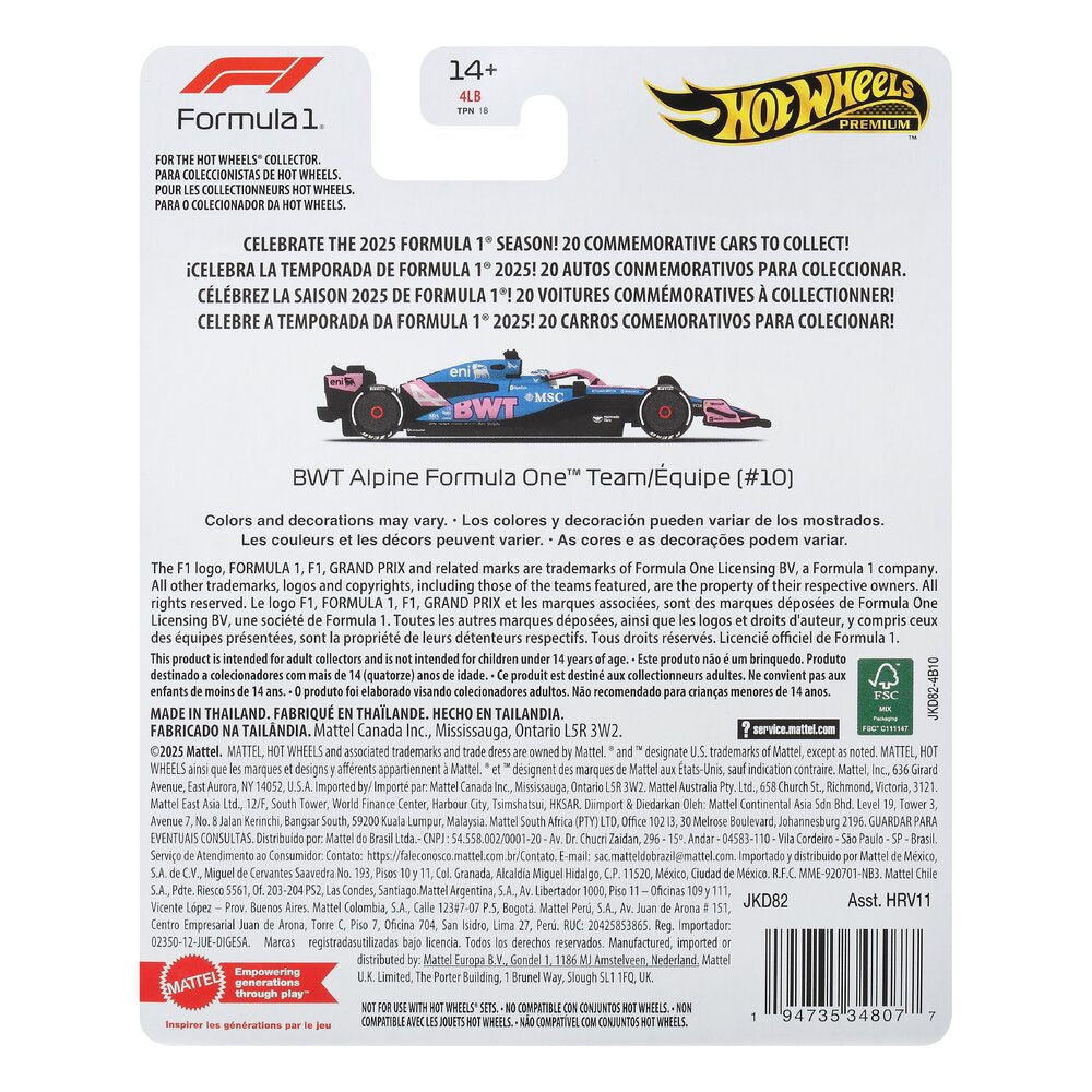 Hot Wheels Formula 1: BWT Alpine F1 Team (#10) 1:64 Diecast JKD82