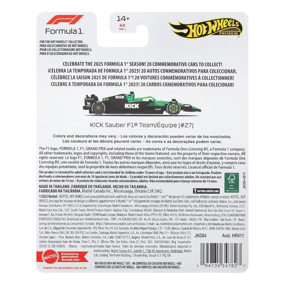 Hot Wheels Formula 1: Kick Sauber F1 Team (#27) 1:64 Diecast JKD84