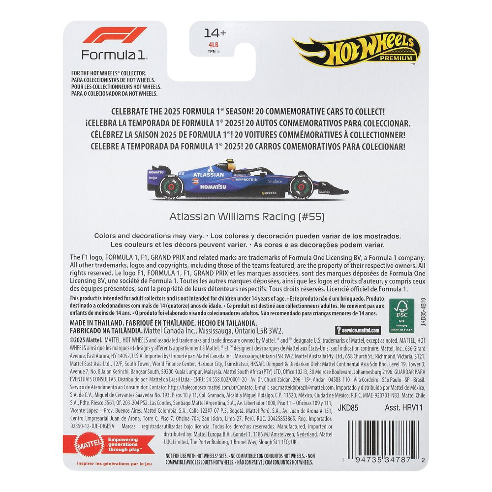 Hot Wheels Formula 1: Atlassian Williams Racing F1 Team (#23) 1:64 Diecast JKD85