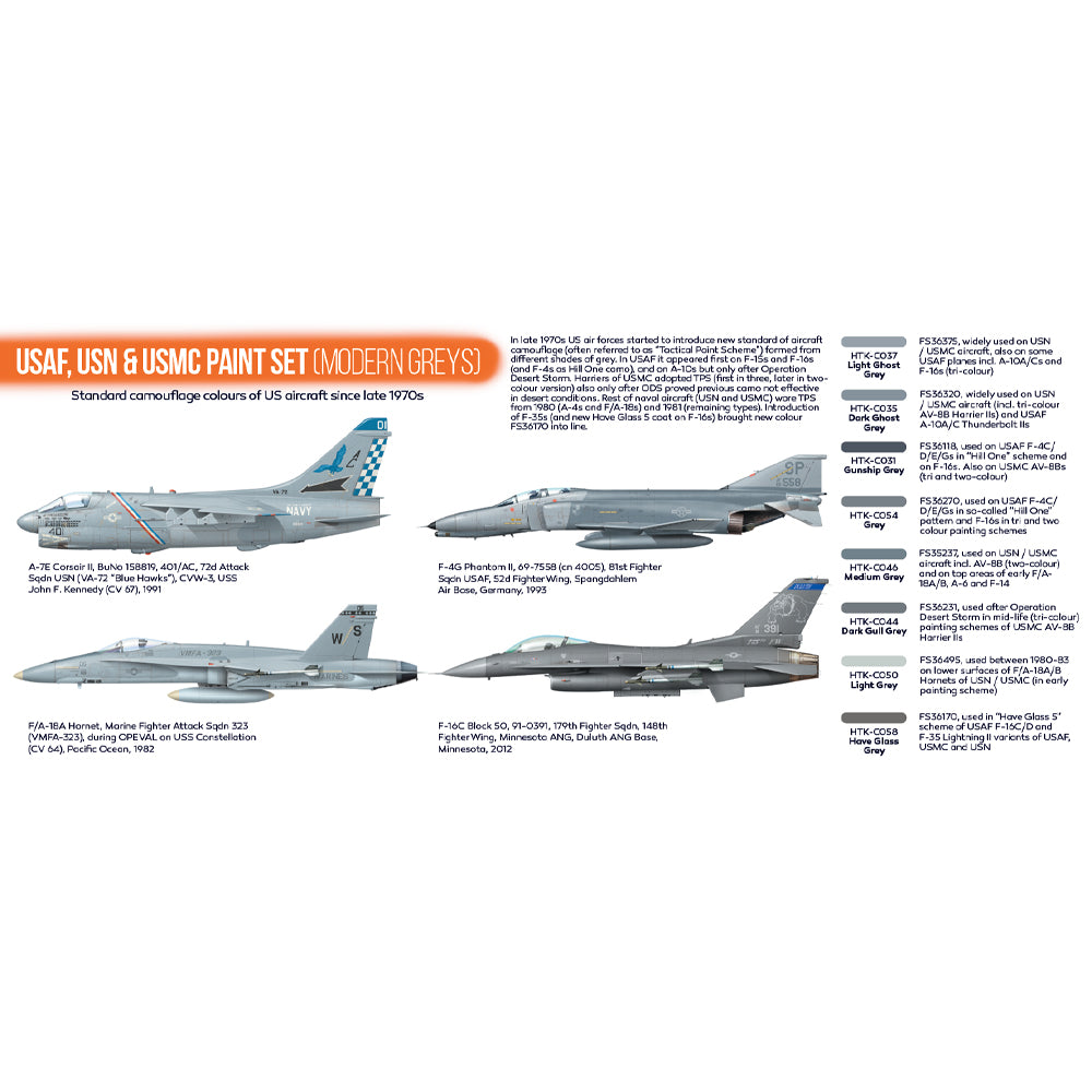 Hataka CS44 USAF, USN & USMC (Modern Greys) Orange Line Acrylic Paint Set