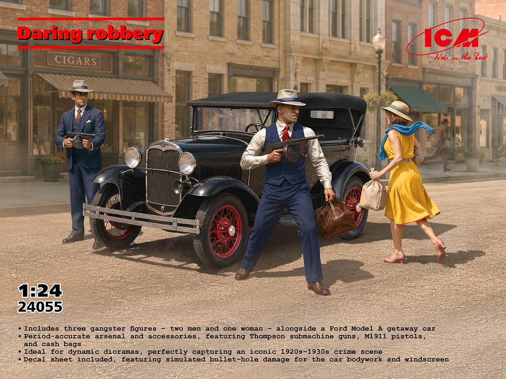 ICM 24055 ‘Daring Robbery’ Ford Model A with 3 Gangster Figures 1:24 Model Kit