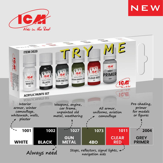 ICM 3020 Basic Acrylic Paint Set 6x12ml Bottles White,Black,Grey Primer etc