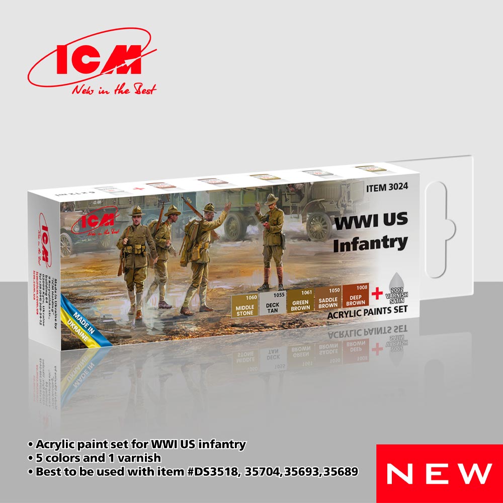 ICM 3024 WWI US Infantry Acryllic 6-Paint Set - Ideal for ICMDS3518 Model Kit