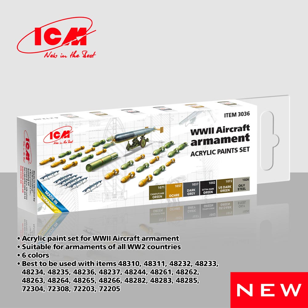 ICM 3036 WWII Aircraft Armaments Acrylic Paint Set 6x12ml Bottles for ICM 48407