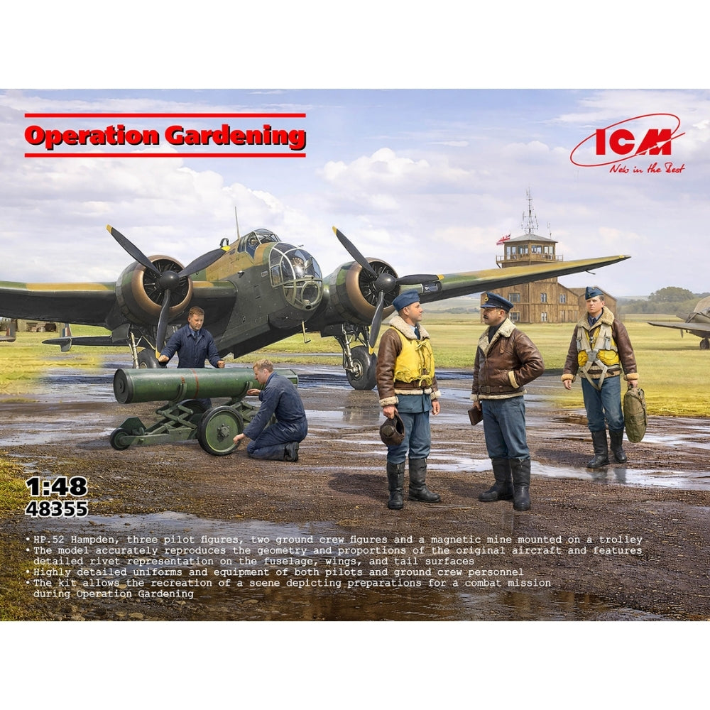 ICM 48355 Operation Gardening HP.52 Hampden 3 Pilots & 2Ground Crew 1:48 Model Kit