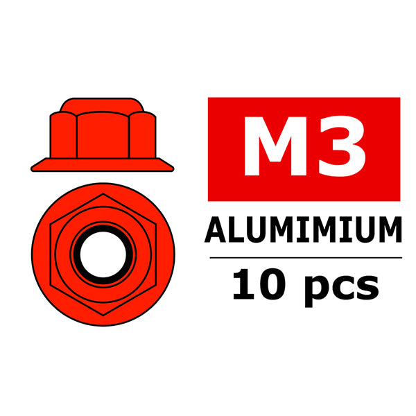 Corally Aluminium Nylstop Nut M3 Flanged Red 10pc C-3107-30-5