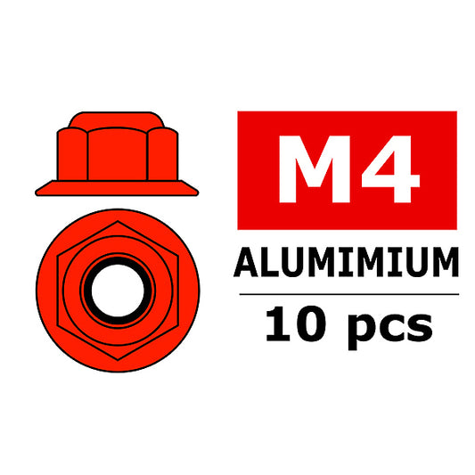 Corally Aluminium Nylstop Nut M4 Flanged Red 10pc C-3107-40-5