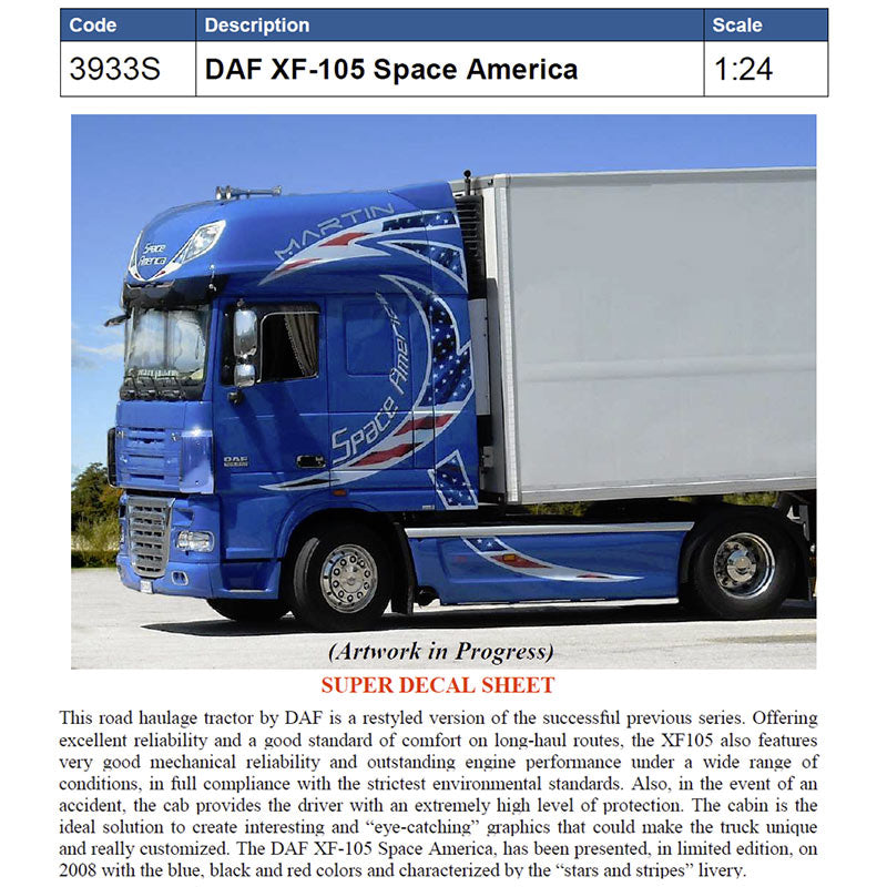 ITALERI DAF XF-105 Space America 3933 1:24 Truck Model Kit