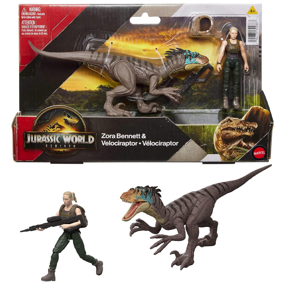 Jurassic World Rebirth: Zora Bennett & Velociraptor Dinosaur Toy Mattel JGB84
