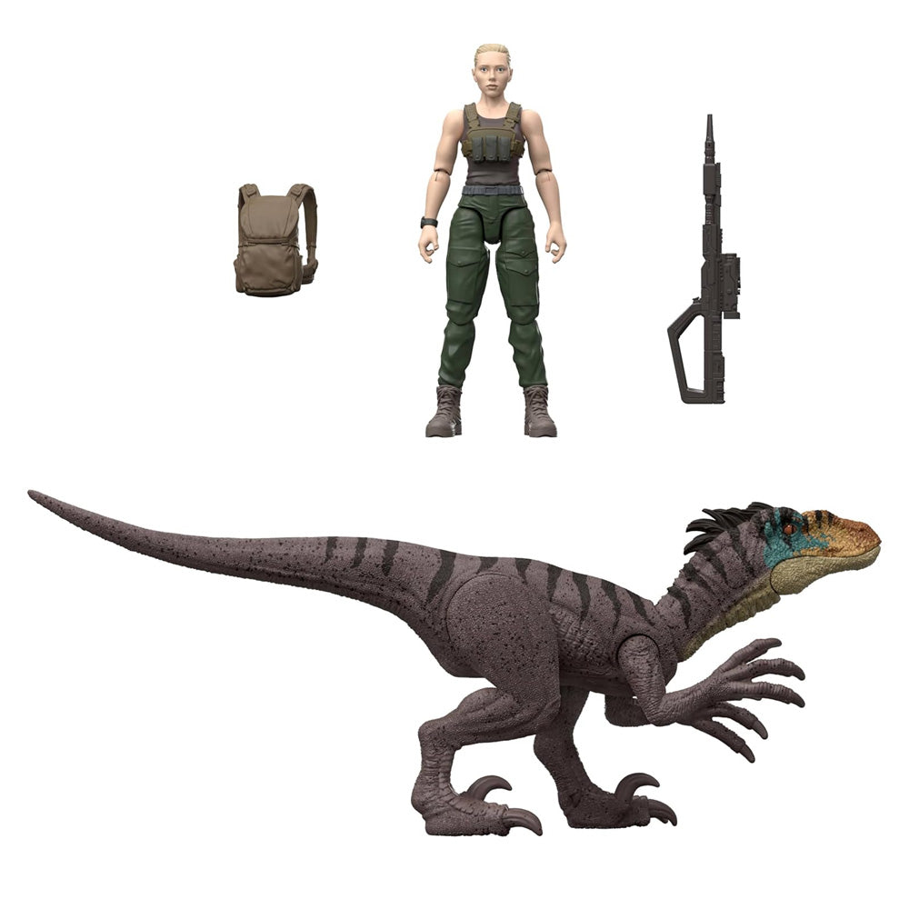 Jurassic World Rebirth: Zora Bennett & Velociraptor Dinosaur Toy Mattel JGB84