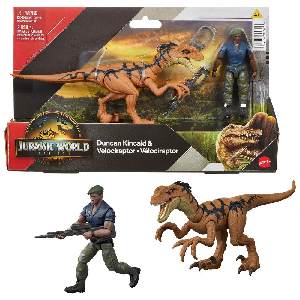 Jurassic World Rebirth: Duncan Kincaid & Velociraptor Dinosaur Toy Mattel JGB85