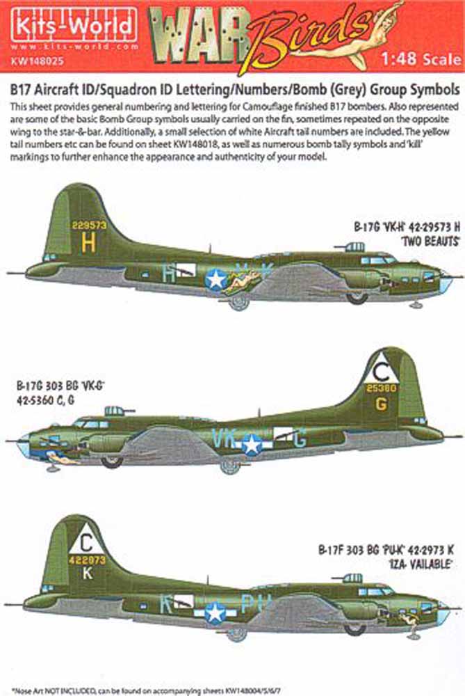 Kits World 148025 Aircraft Decals 1:48 Boeing B-17F/B-17G Flying Fortress Genera