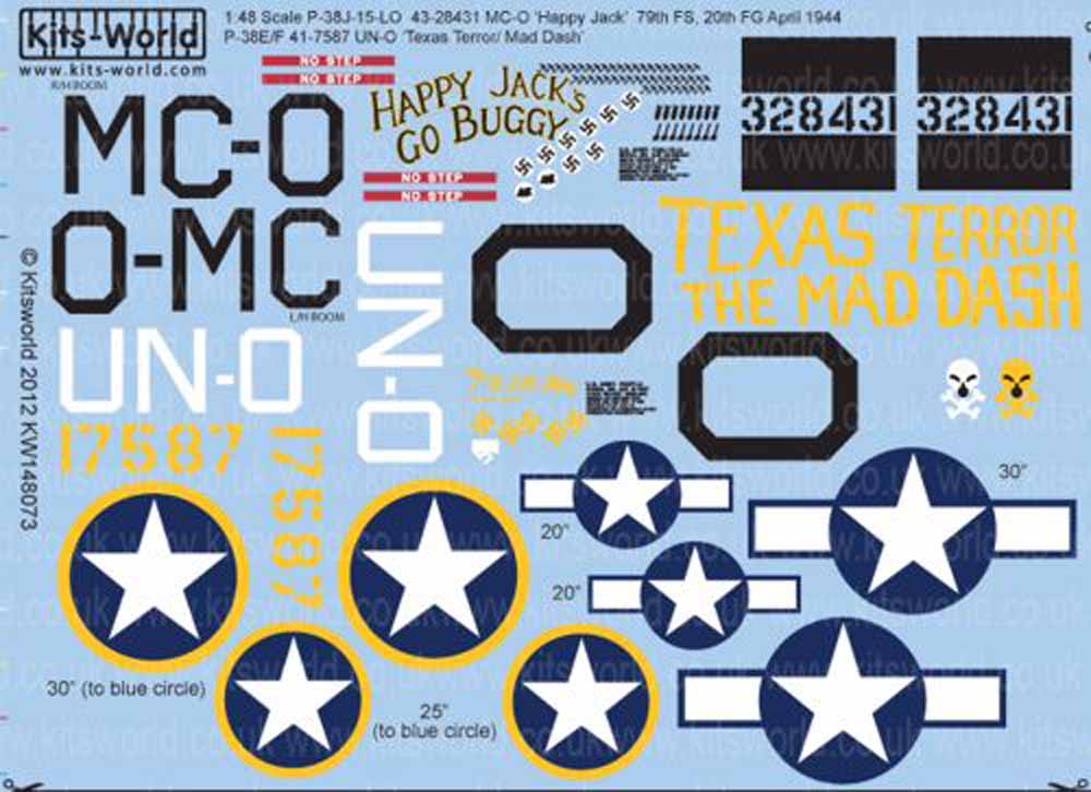 Kits World 148073 Aircraft Decals 1:48 Lockheed P-38J Lightning 43-28431 MC-O 'H