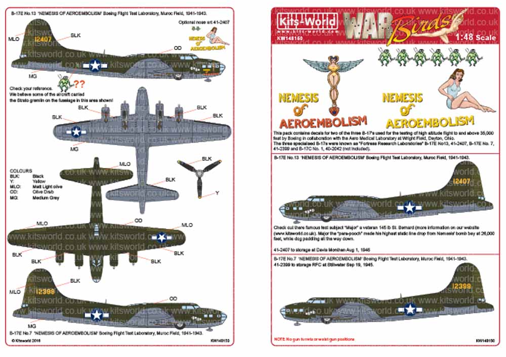 Kits World 148150 Aircraft Decals 1:48 Boeing B-17E 41-2407 No.13 'NEMESIS OF AE