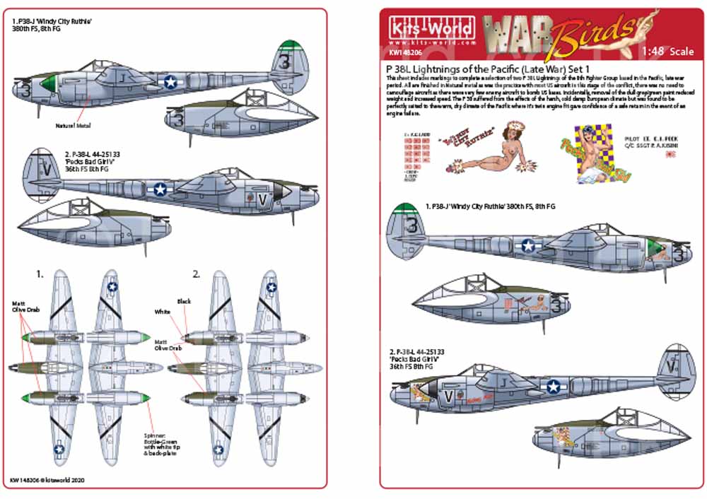 Kits World 148206 Aircraft Decals 1:48 Lockheed P-38L Lightning's of the Pacific