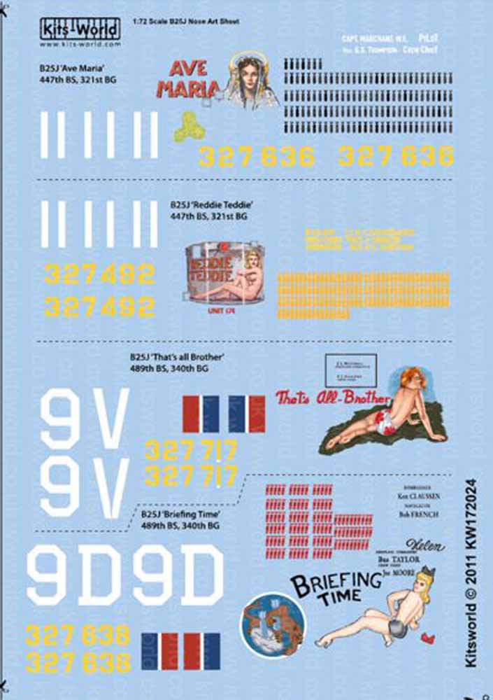 Kits World 172024 Aircraft Decals 1:72 North-American B-25J Mitchell (4) 43-2763