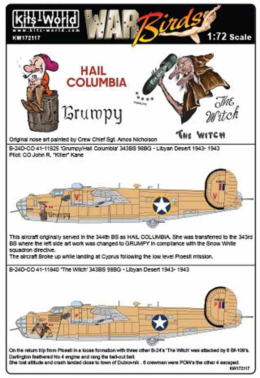 Kits World 172117 Aircraft Decals 1:72 Consolidated B-24D 343 BS 98 BG - CO 41-1