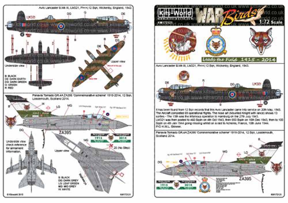 Kits World 172121 Aircraft Decals 1:72 Avro Lancaster B.I/III LM321 PH-H, 12 Sqn
