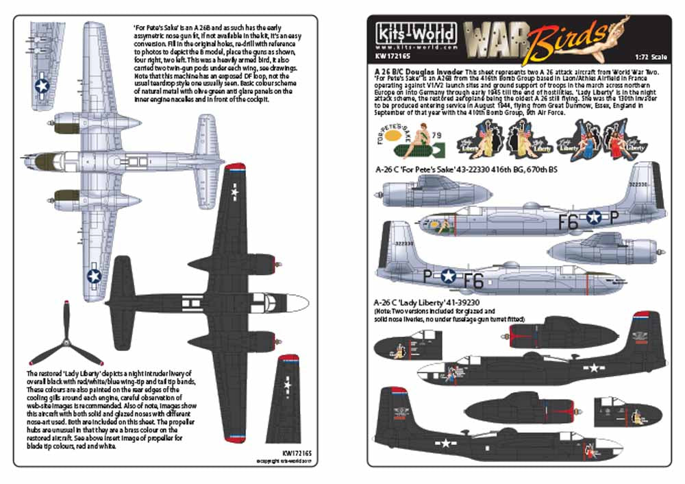 Kits World 172165 Aircraft Decals 1:72 Douglas A-26C Douglas invader 'For Pete's