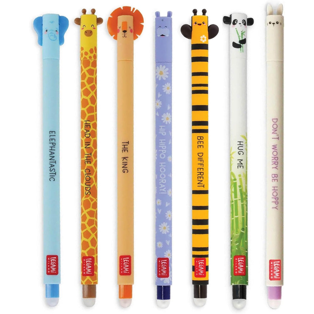 Legami Erasable Gel Pen Bundle x7: Elephant, Lion, Hippo, Bee, Panda, Bunny +