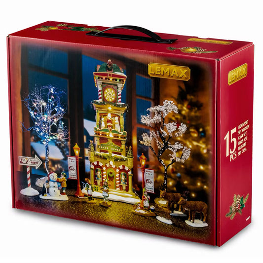 Lemax The Village Square Clock Tower Santa's Wonderland Starter Set 56673