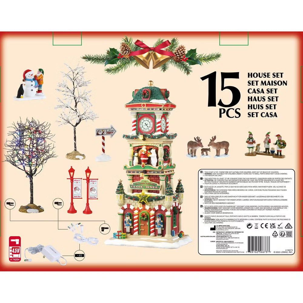 Lemax The Village Square Clock Tower Santa's Wonderland Starter Set 56673