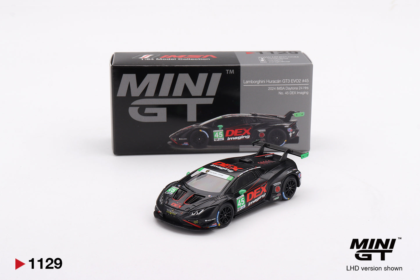 MiniGT Lamborghini Huracan GT3 Evo2 No.45 Dex Imaging 2024 IMSA 1:64 Car 1129-L