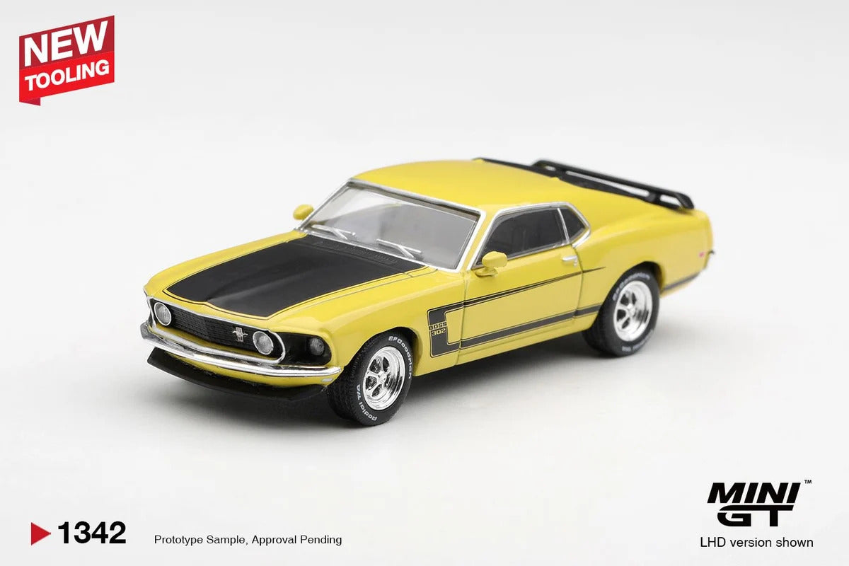 MiniGT Ford Mustang Boss 302 1969 Bright Yellow (LHD) 1:64 Diecast 1342-L