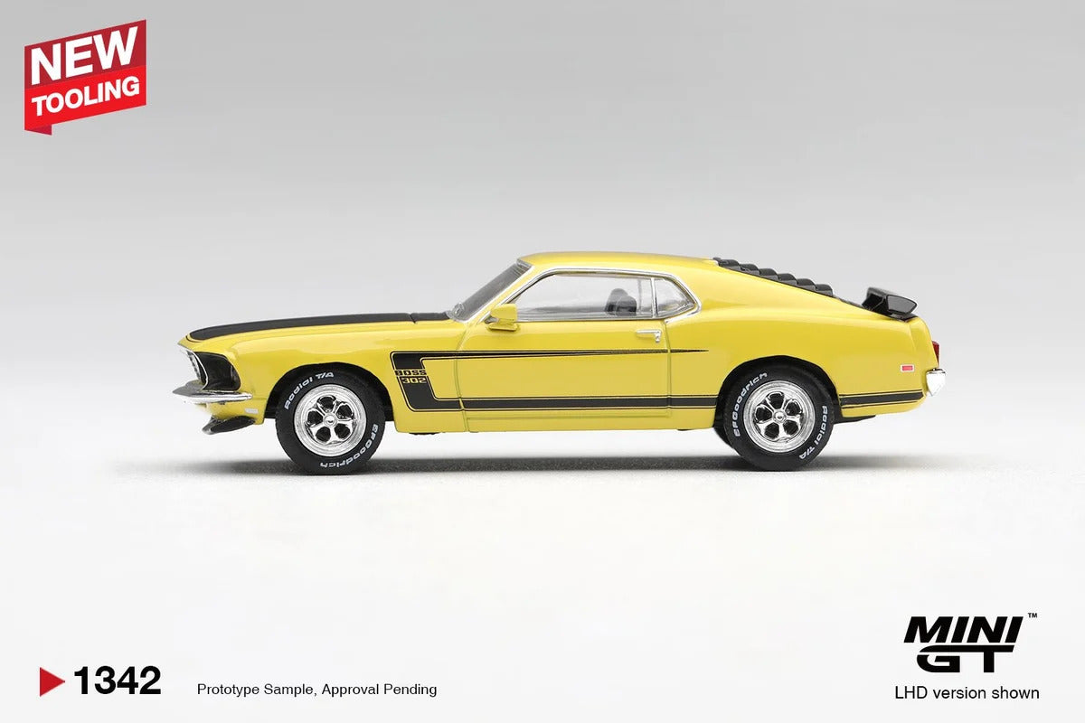 MiniGT Ford Mustang Boss 302 1969 Bright Yellow (LHD) 1:64 Diecast 1342-L