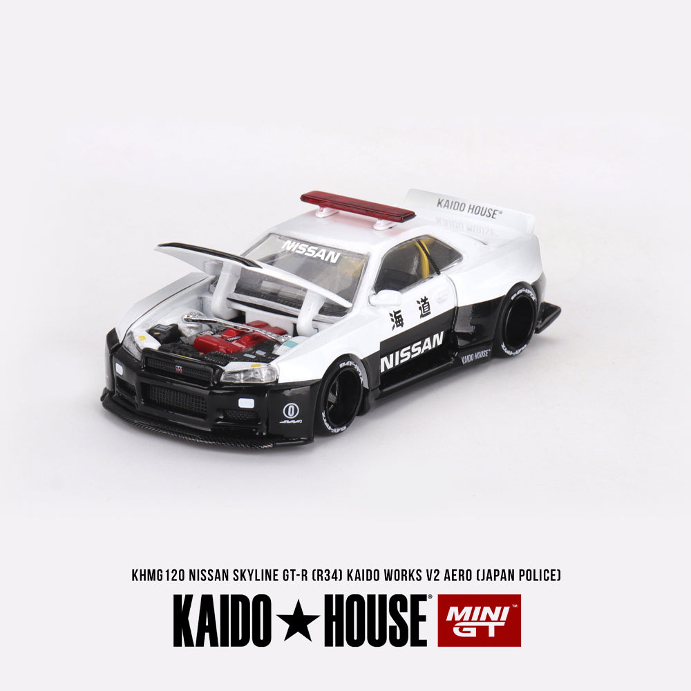 MiniGT Nissan Skyline GT-R R34 Kaido Works (V2 Aero) Police 1:64 Model KHMG120