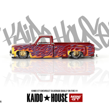MiniGT KAIDO Chevrolet Silverado Dually On Fire V1 1:64 Diecast Model KHMG127