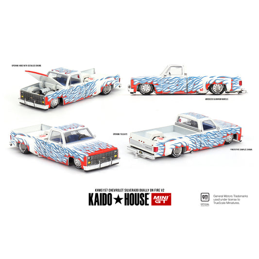 MiniGT Kaido House Chevrolet Silverado Dually on Fire V2 1:64 Diecast Car No.157