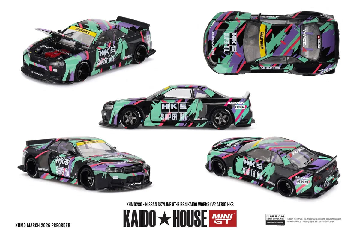 MiniGT Nissan Skyline GT-R R34 Kaido Works (V2 Aero) HKS 1:64 Car KHMG280
