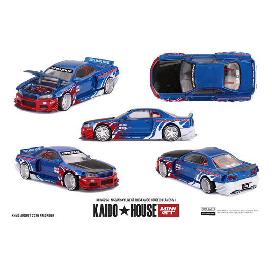 MiniGT Kaido House Nissan Skyline Gt-R R34 Flames V1 1:64 Diecast Car KHMG294