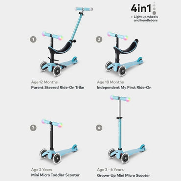 Blue Mini Micro 2 Grow 4-in-1 Scooter with LED Light-Up Wheels Age 1-6 MMD358