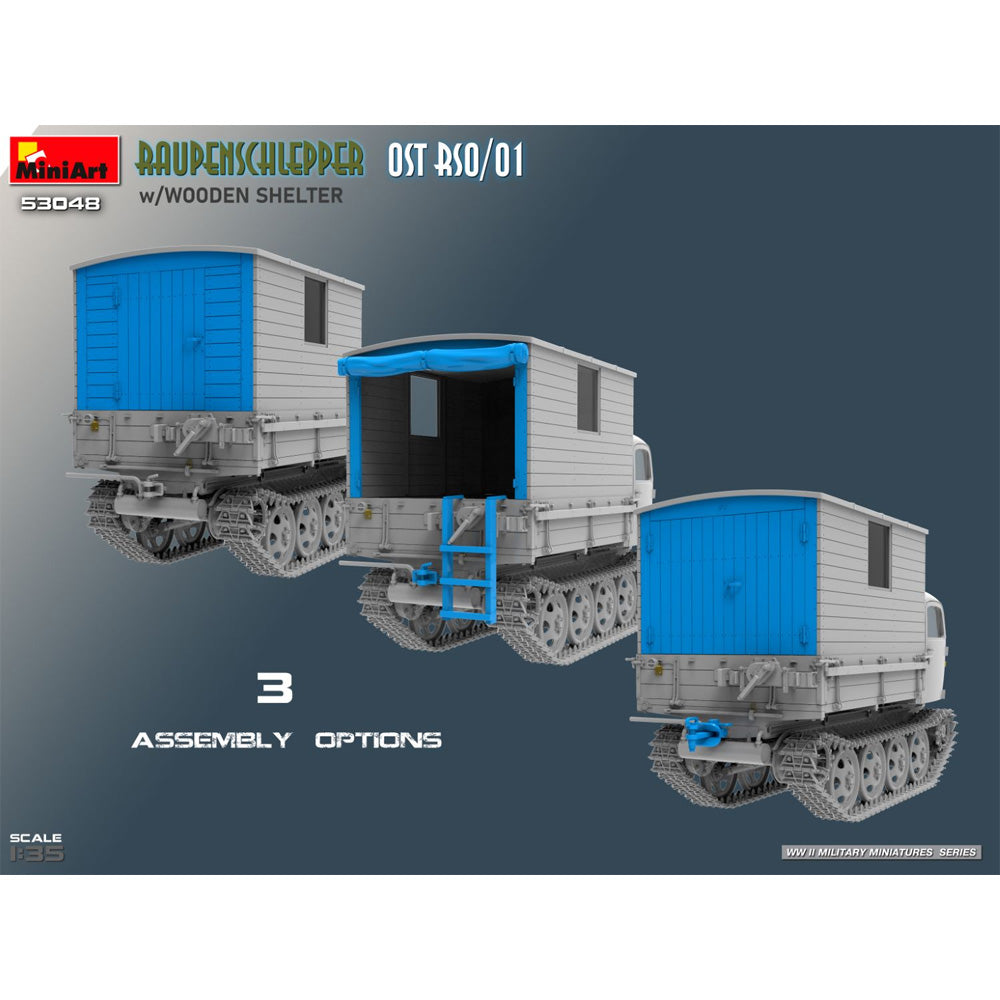 Miniart 53048 Raupenschlepper Ost RSO/01 w/Wooden Shelter 1:35 Model Kit