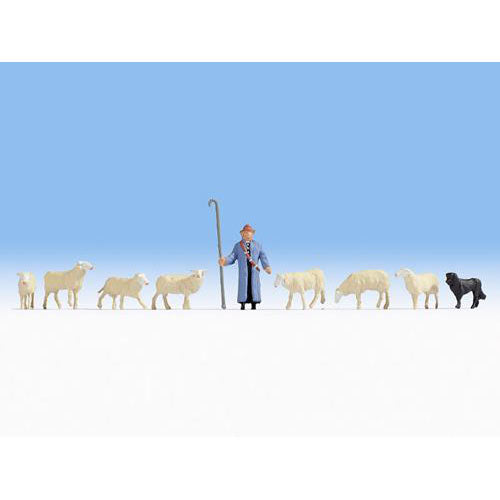 NOCH Shepherd (1) Sheep (7) & Sheepdog (1) Figure Set HO Gauge Scenics 15748