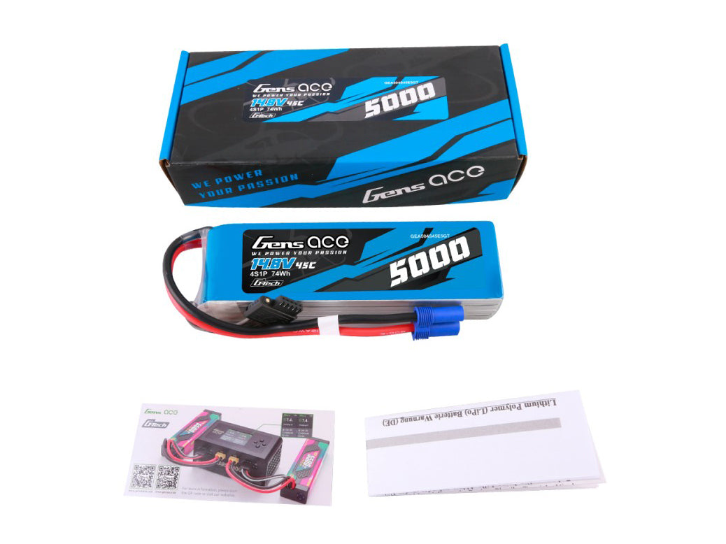 Gens Ace G-Tech LiPo Battery 4S 5000mAh 14.8V 45C w/ EC5 Plug RC Car Truck