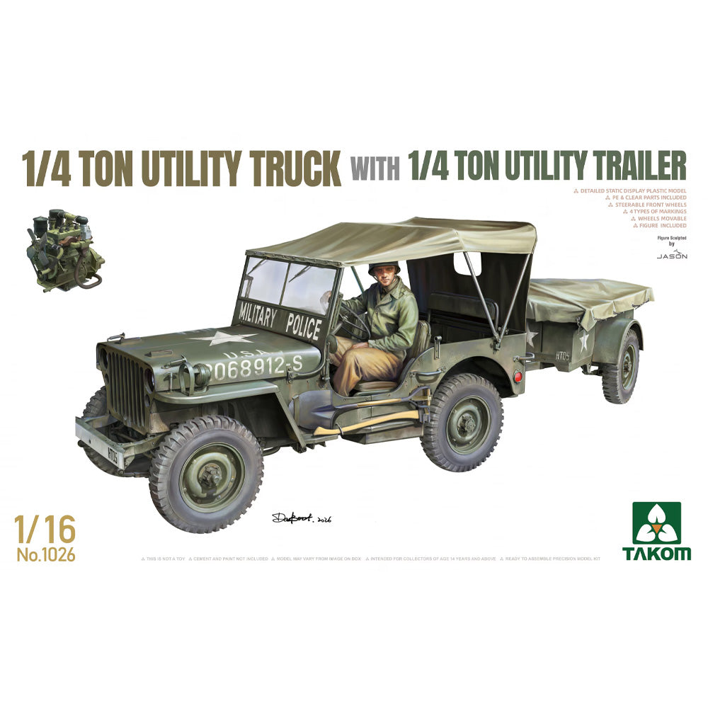 Takom 1026 1/4 Ton Utility Truck with 1/4 Ton Utility Trailer 1:16 Model Kit