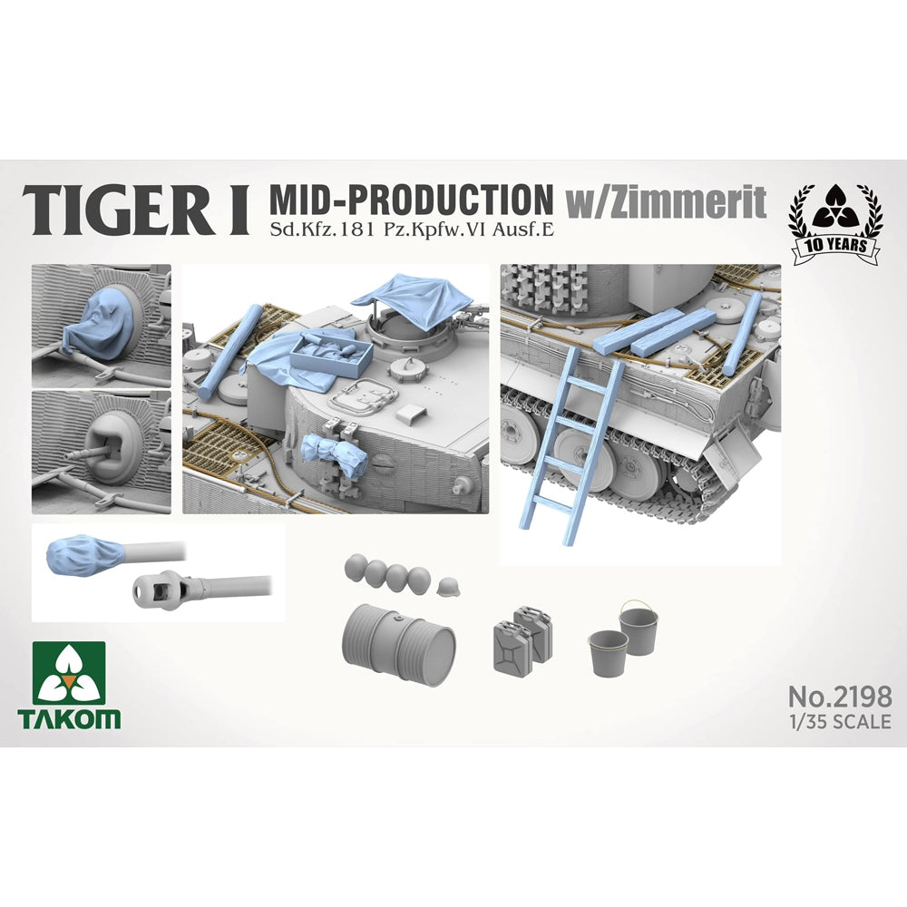 Takom 2198 German WWII Tiger I Mid-production w/ Zimmerit 1:35 Model Kit